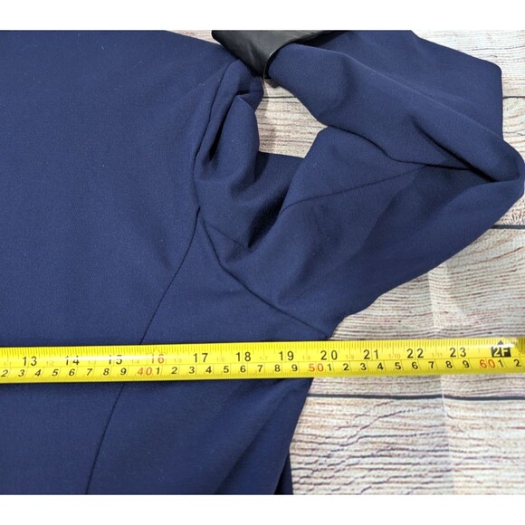 Susan Graver Size 12 Ponte Knit Blue Blazer with Black Faux Leather Trim Career - Picture 7 of 16